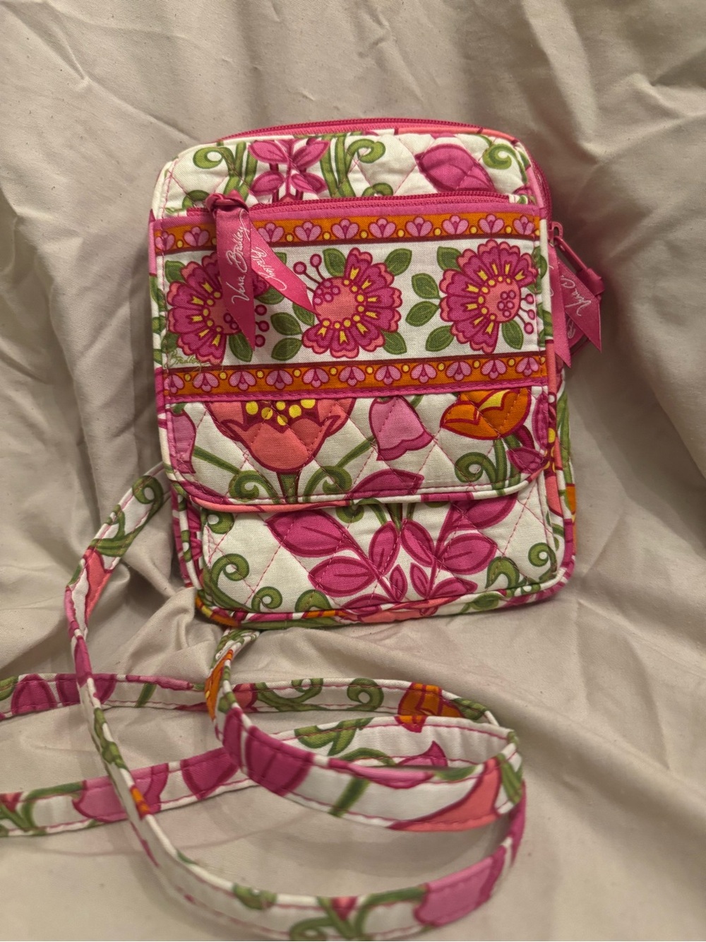 Vera Bradley Pink Floral Quilted Crossbody with Green Accents